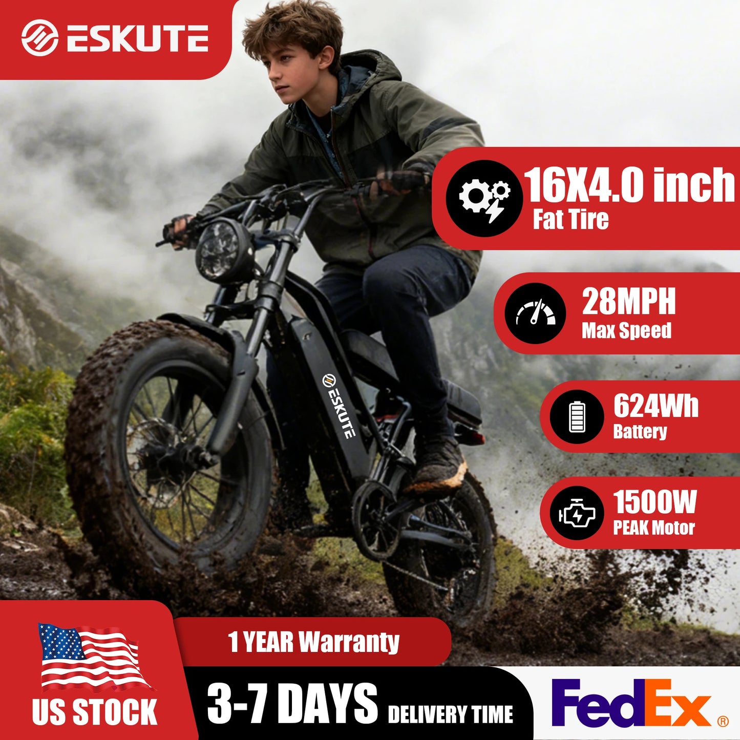 Eskute V100 Electric Bike, 1500W Peak 28MPH 48V13Ah Motorcycle, 16"x4" Fat Tire 7-Speed Dual Suspension E-Bike, 1 Year Warranty