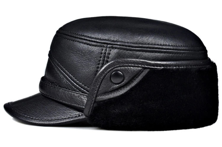High Quality Genuine Leather Hats Winter First Layer Cowhide Warm Earmuffs Bomber Caps Plus Velvet Thicken Man Bone Caps Dad Hat