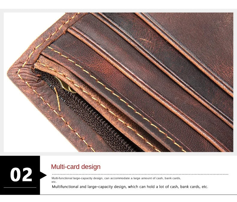 Men's Crazy Horse Leather Short Wallet Genuine Leather Buckle Wallet Vintage Top Layer Cowhide Card Holder Multi-Card  Wallet