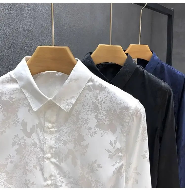 Men's High-end Shirt Spring and Autumn Summer Long-sleeved Handsome Dark Pattern Shirt Slim and Trendy Brand Versatile Top