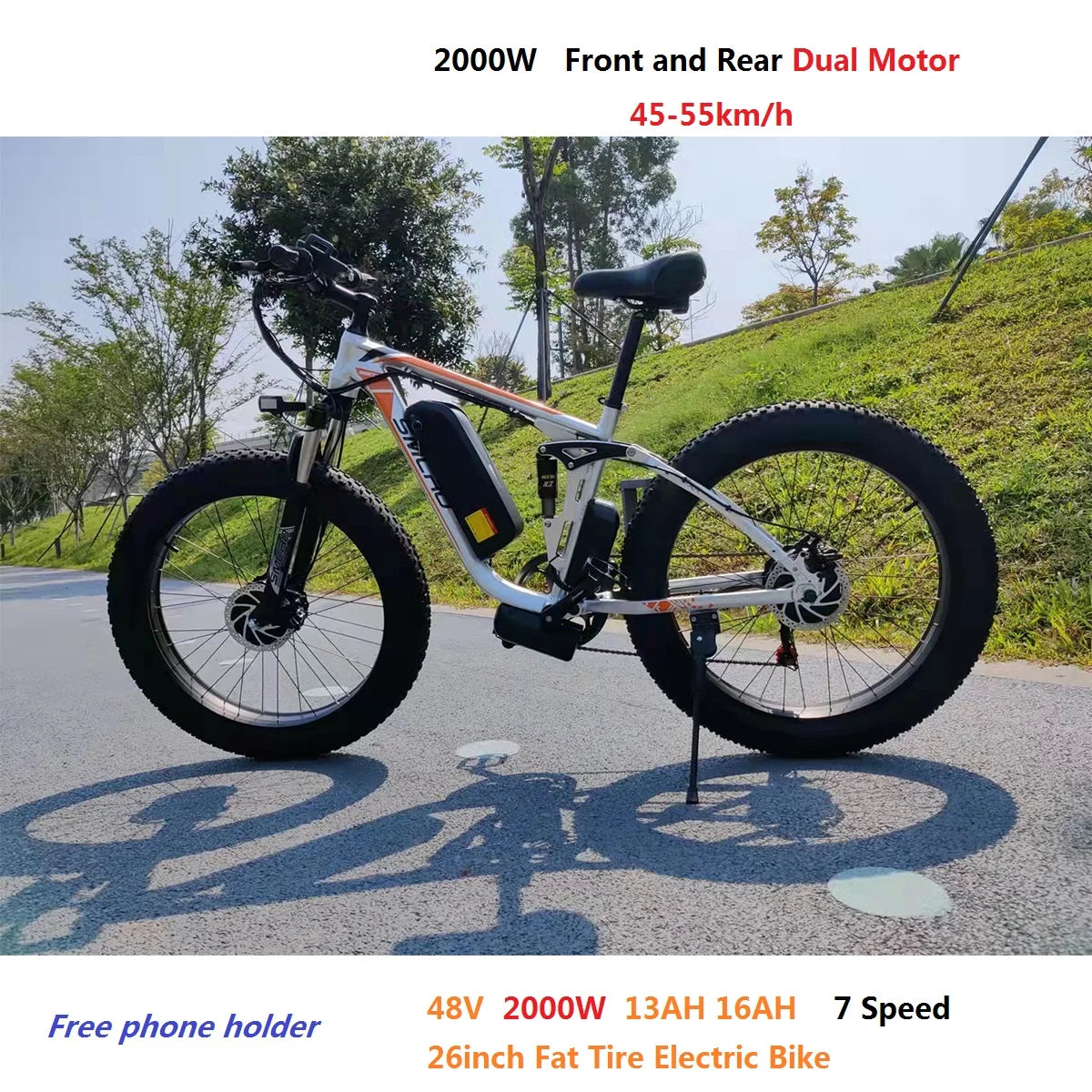 Electric Mountain Bike Dual Motor 2000W 16AH 22.4AH  City Road Bicycle 48V 26inch Fat Tire Adult E Bike  MTB