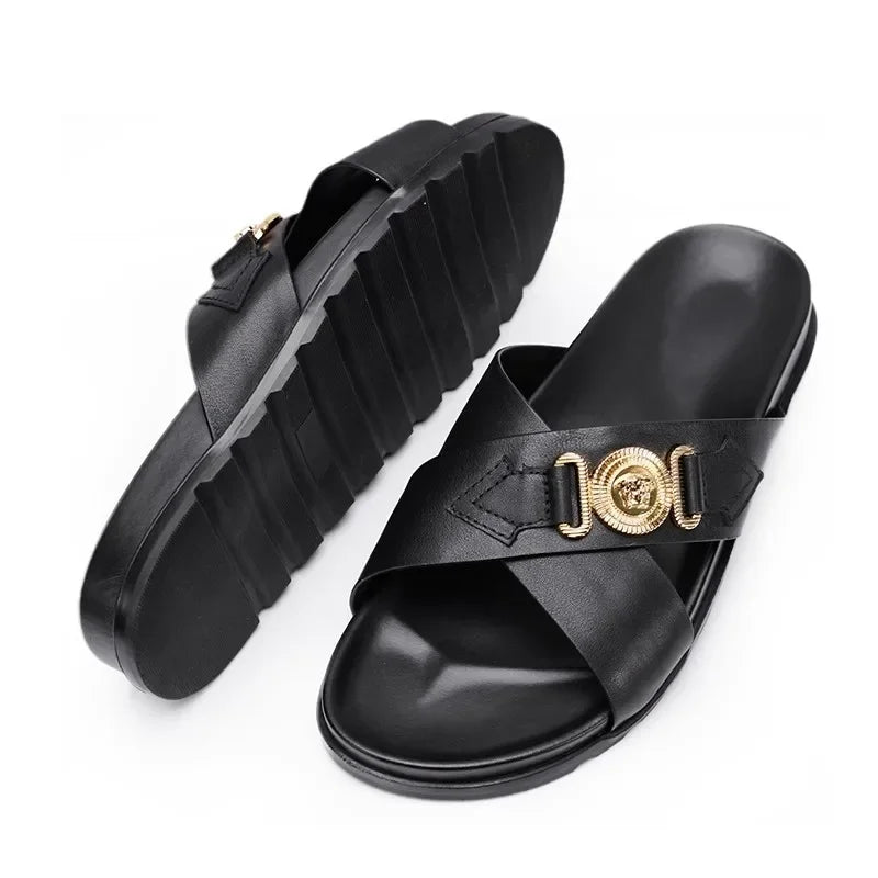 Trendy Versatile Men's Slippers Soft Sole One-Piece Genuine Leather Beach Shoes Cross Strap Casual Shoes Summer 2024