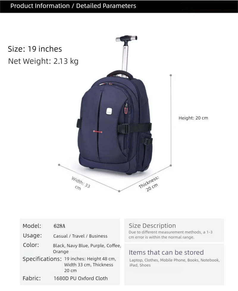 Airline Approved Carry On Backpack for Men Large Capacity Luggage with Telescopic Handle Durable Wheels TSA Friendly Travel Bag