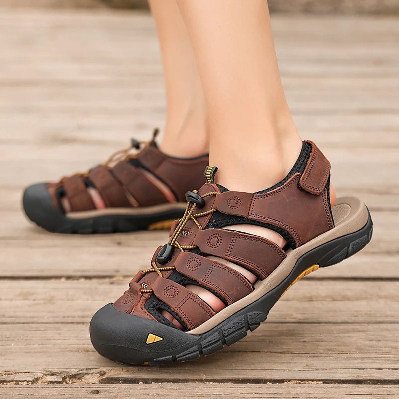 Men's Sport Sandals Outdoor Hiking Sandals Closed Toe Leather Fashion All-match Light Trail Walking Casual Sandals Water Shoes