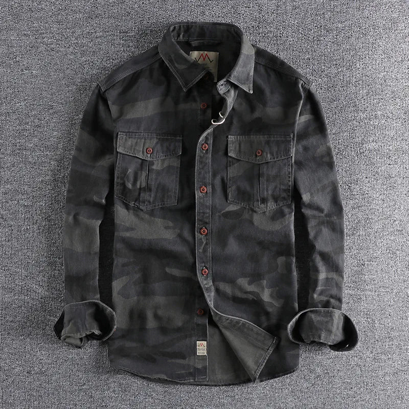 Male Single Breasted Shirts Turn Down Collar Long Sleeve Cardigan Men Shirt Loose Button Safari Style Slight Strech Print