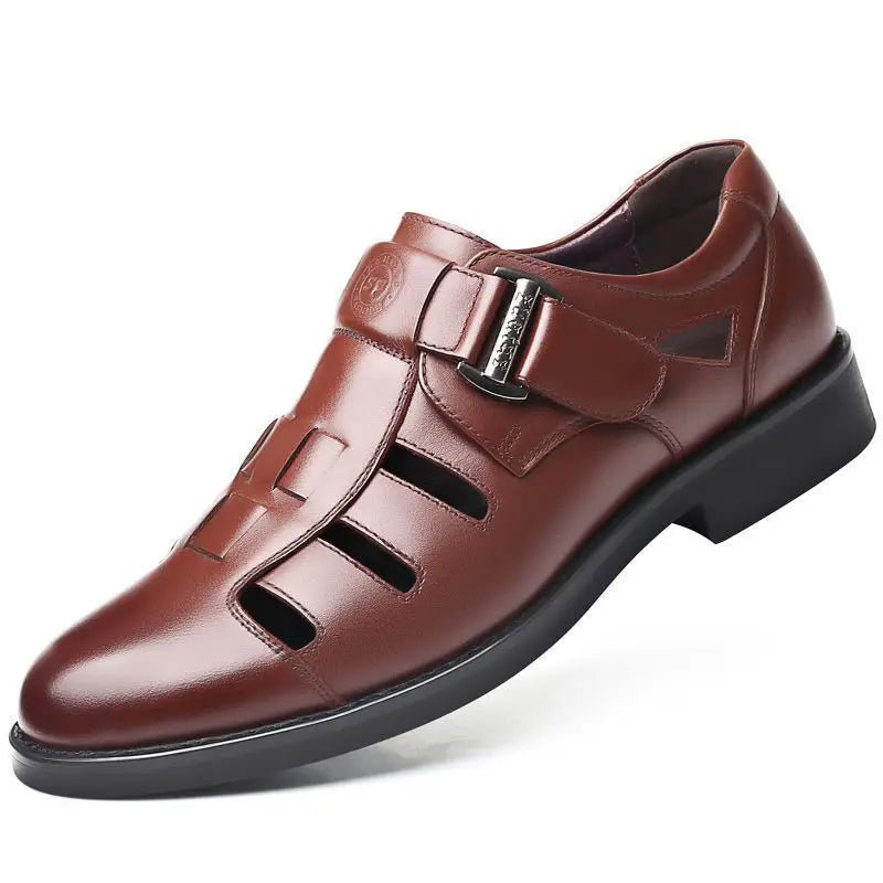 Men's Summer New Style Business Casual Genuine Leather Sandals With Hollow Outsole Anti-Slip Middle-Aged Father Leather Shoes