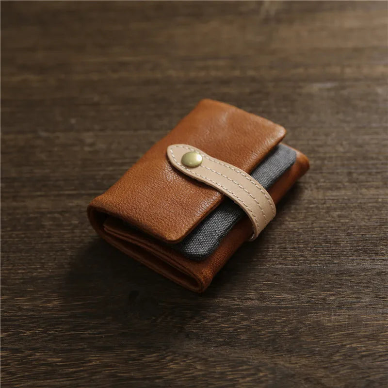 2025 Handmade Wallet Men's Short Leather Triple Fold Money Clip Cowhide Youth Buckle Student Vertical Vegetable Tanned Leather
