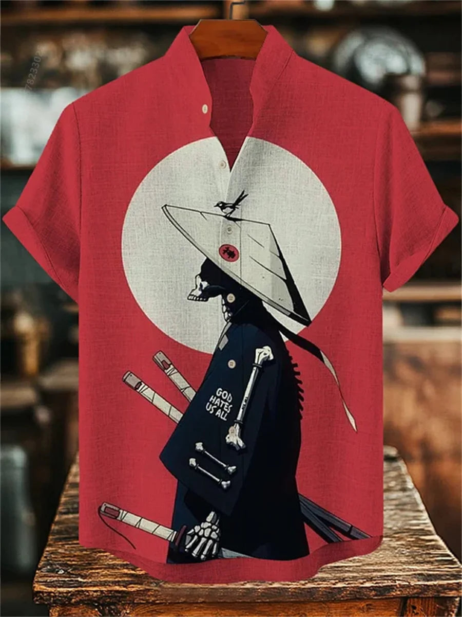 Men's short-sleeved shirt with samurai print and stylish ink painting design, summer casual men's top, trendy retro streetwear.