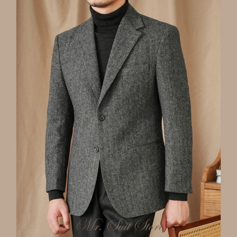 Classic Italian Men's Suit Jacket, Single Breasted, Autumn Winter Retro Warm Suit Men Herringbone Business Casual Men's Clothing
