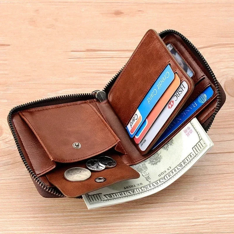 Leather Men’s Wallet Luxury Mens Purse Male Zipper Card Holders with Coin Pocket Rfid Wallets Gifts for Men Money Bag