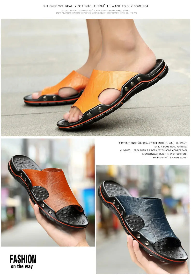Summer Slippers New Men Sandals Soft Outdoor Slides High Quality Genuine Leather Comfortable Beach Sandals Outdoor Men Shoes