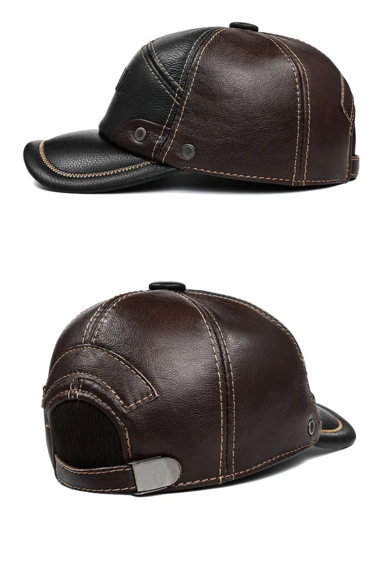 New Autumn Winter Men's Genuine Leather Cap Natural Cowhide Baseball Caps Thickened Warm Coldproof Ear Protection Earmuffs Hats