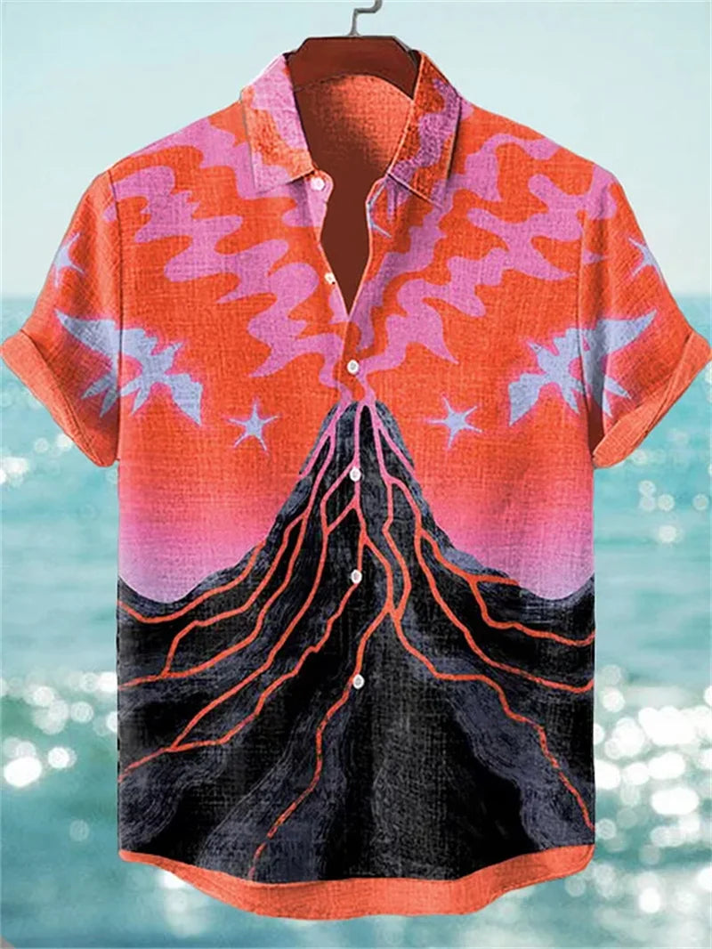 Men's Volcano Animal Pattern Linen Shirt Summer Fashion Short Sleeve Button Collar Shirt Hawaii Casual Shirt Top