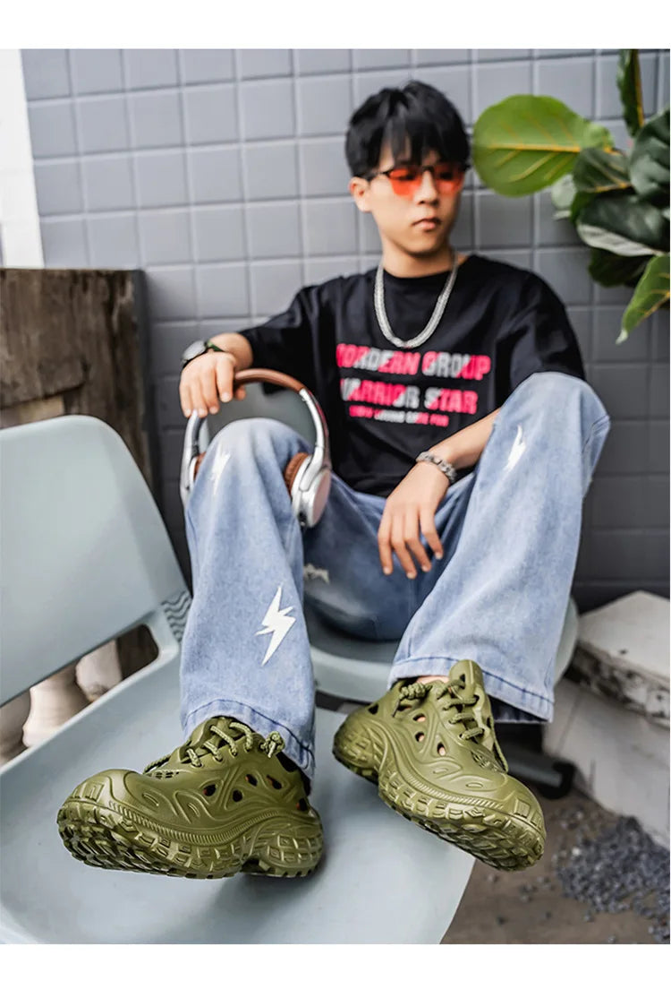 Sandals for Men Outdoor Non-slip Tire Sole Hole Shoes Hollow Breathable Men's Sandals Beach Lightweight Platform Sneakers Men