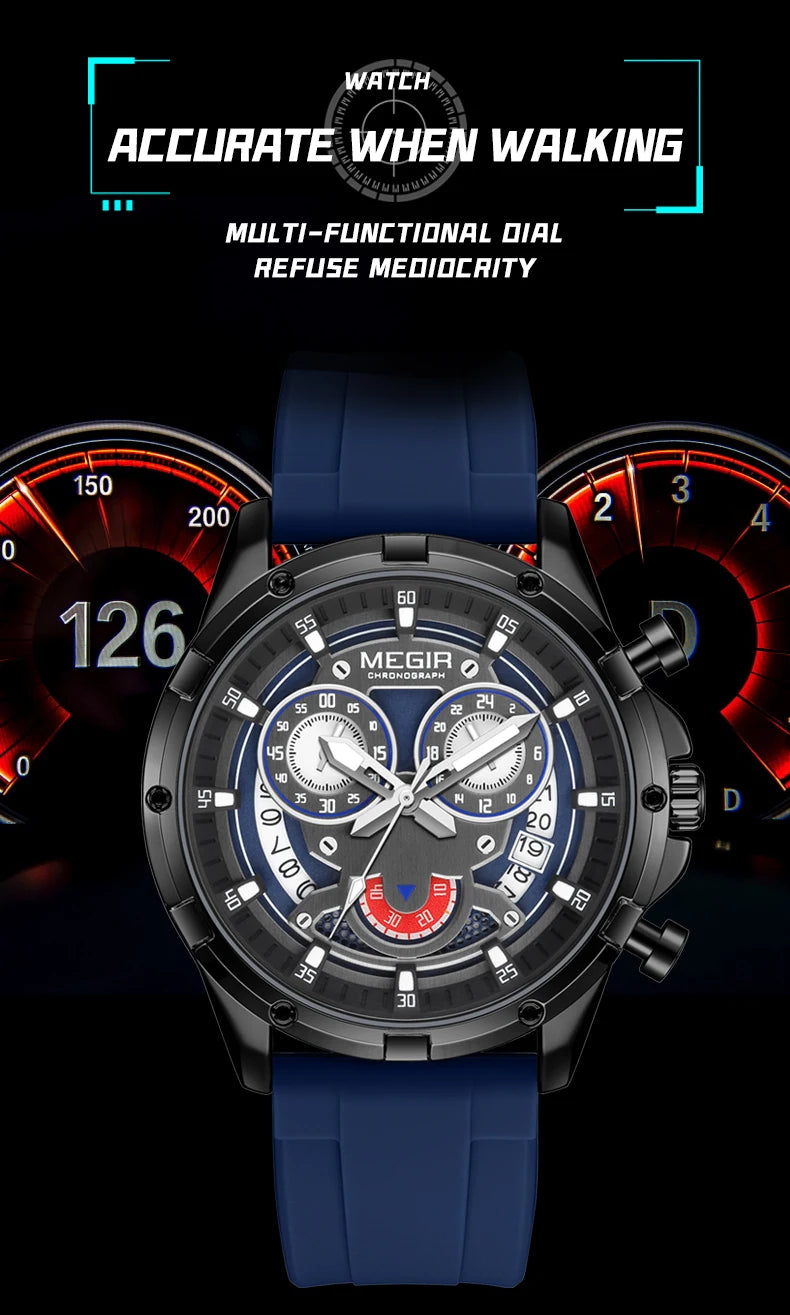 MEGIR New Sport Watches for Men Fashion Chronograph Quartz Wristwatch with Silicone Strap Luminous Hands Calendar Waterproof