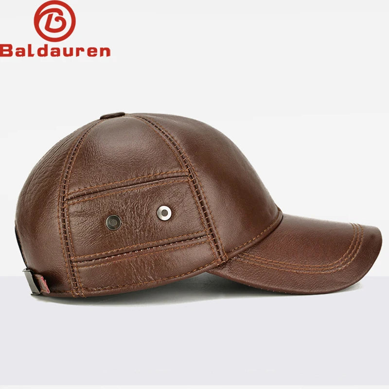 2025 New Style Men Cowhide Hat Winter Warm Outdoor Protect Ear Real Leather Adjustable Baseball Cap Men Real Cowhide Leather Cap