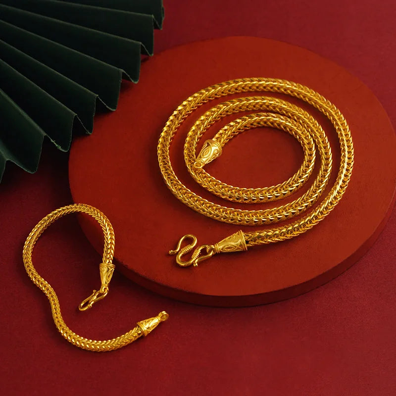 Luxury 24K 9999 Pure Gold real gold Fortune 60cm Chain Men's Necklace Square Snake Bone Bracelet Large