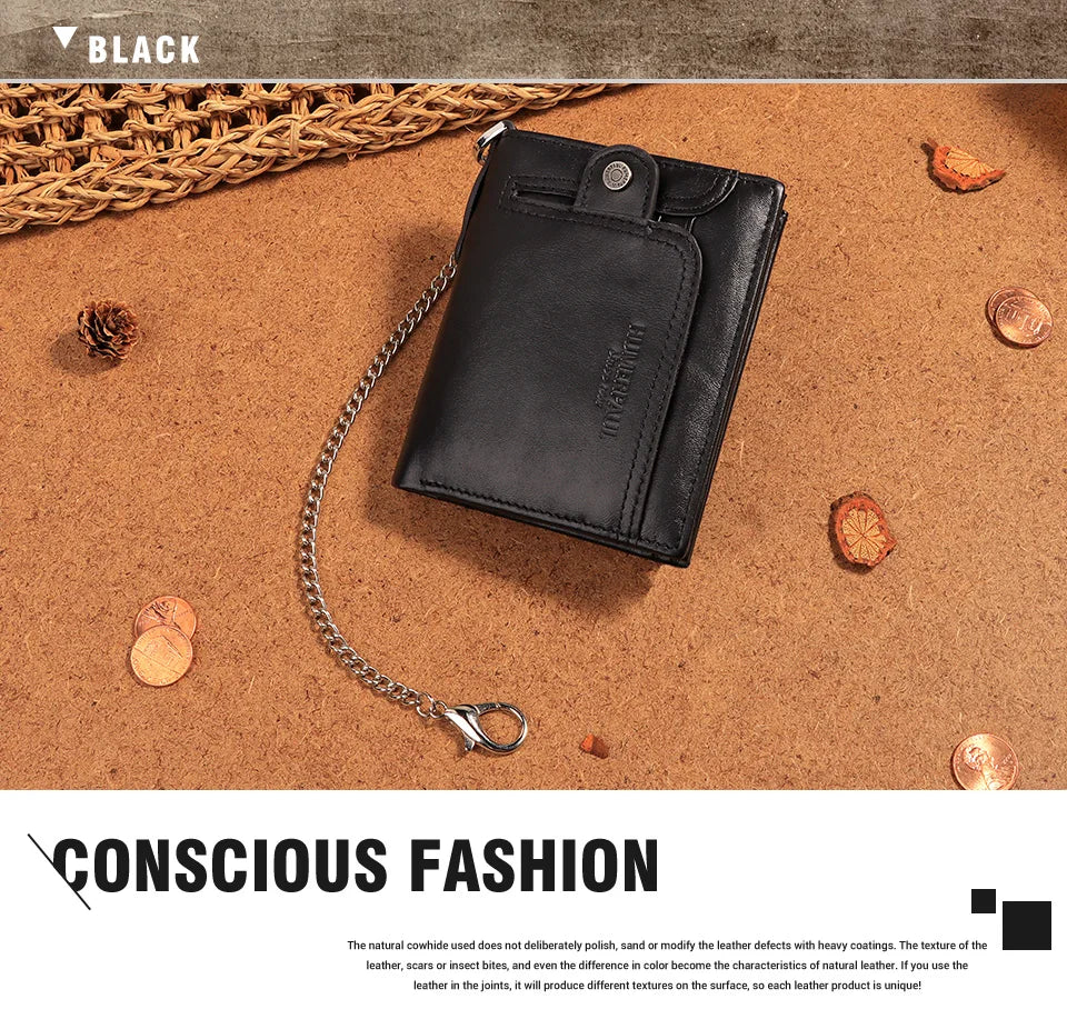 Real Leather Wallet for Men RFID Blocking Credit Card Holder Purse Male Short Bifold Zipper Coin Pocket with Anti-Theft Chain