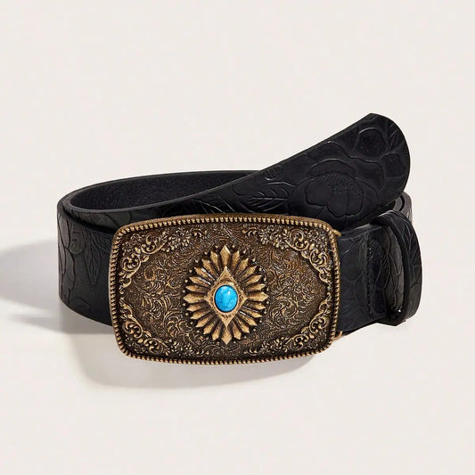 A square buckle set with sapphire PU belt for men and women
