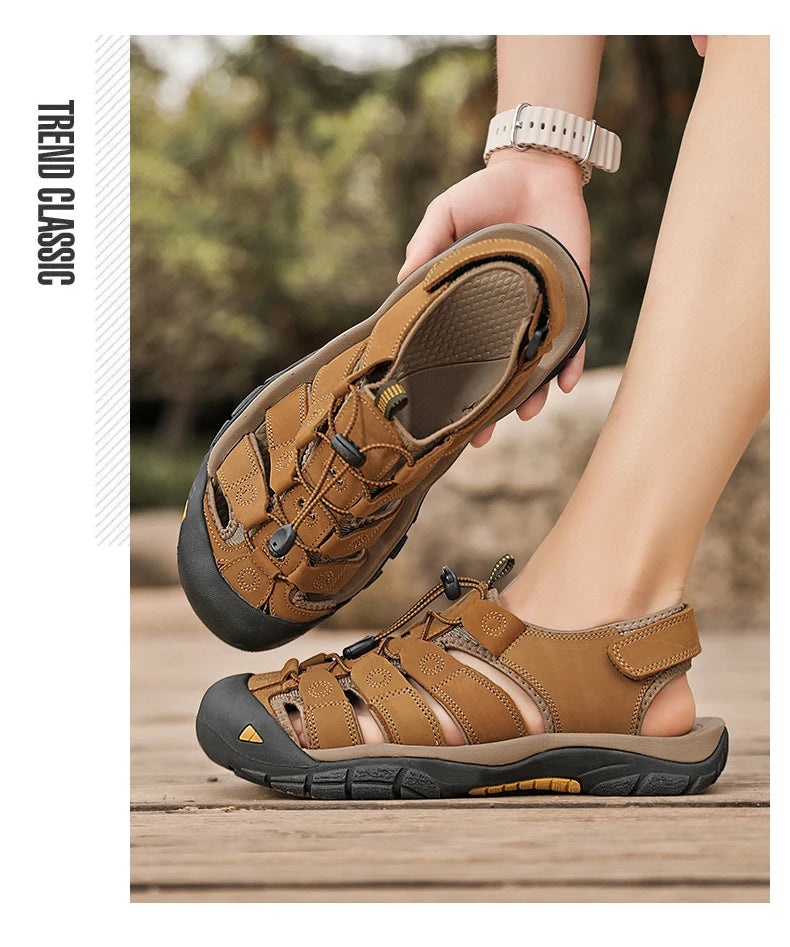 Men's Sport Sandals Outdoor Hiking Sandals Closed Toe Leather Fashion All-match Light Trail Walking Casual Sandals Water Shoes