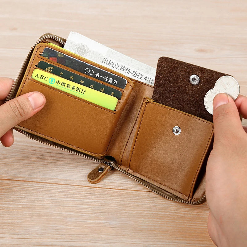 Leather Wallet	for Men Fashion Cardholder Men's	Luxury Designer Purse with Zipper	Card Holder Short Money Bag Man Gift Mens