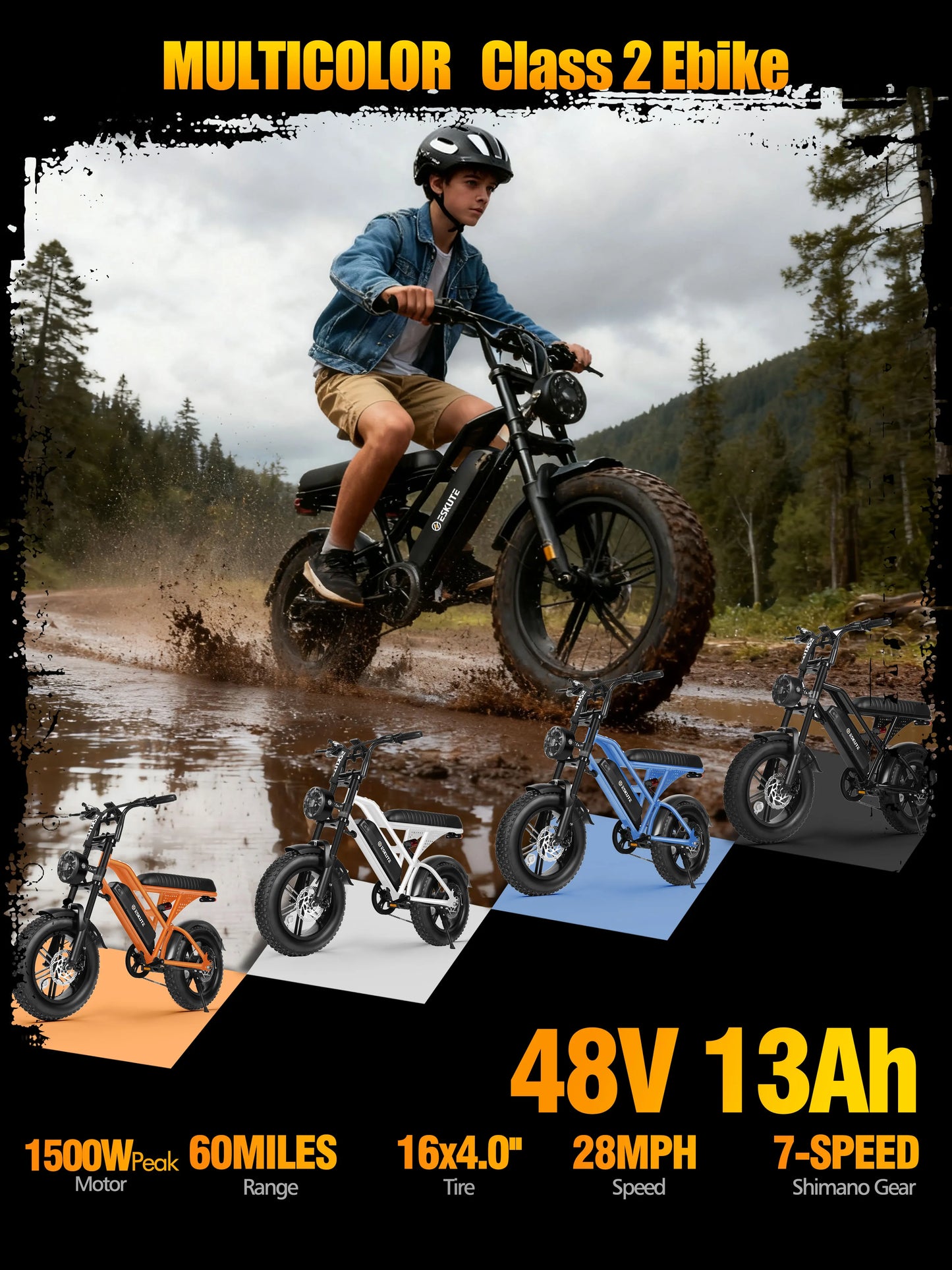 Eskute V100 Electric Bike, 1500W Peak 28MPH 48V13Ah Motorcycle, 16"x4" Fat Tire 7-Speed Dual Suspension E-Bike, 1 Year Warranty