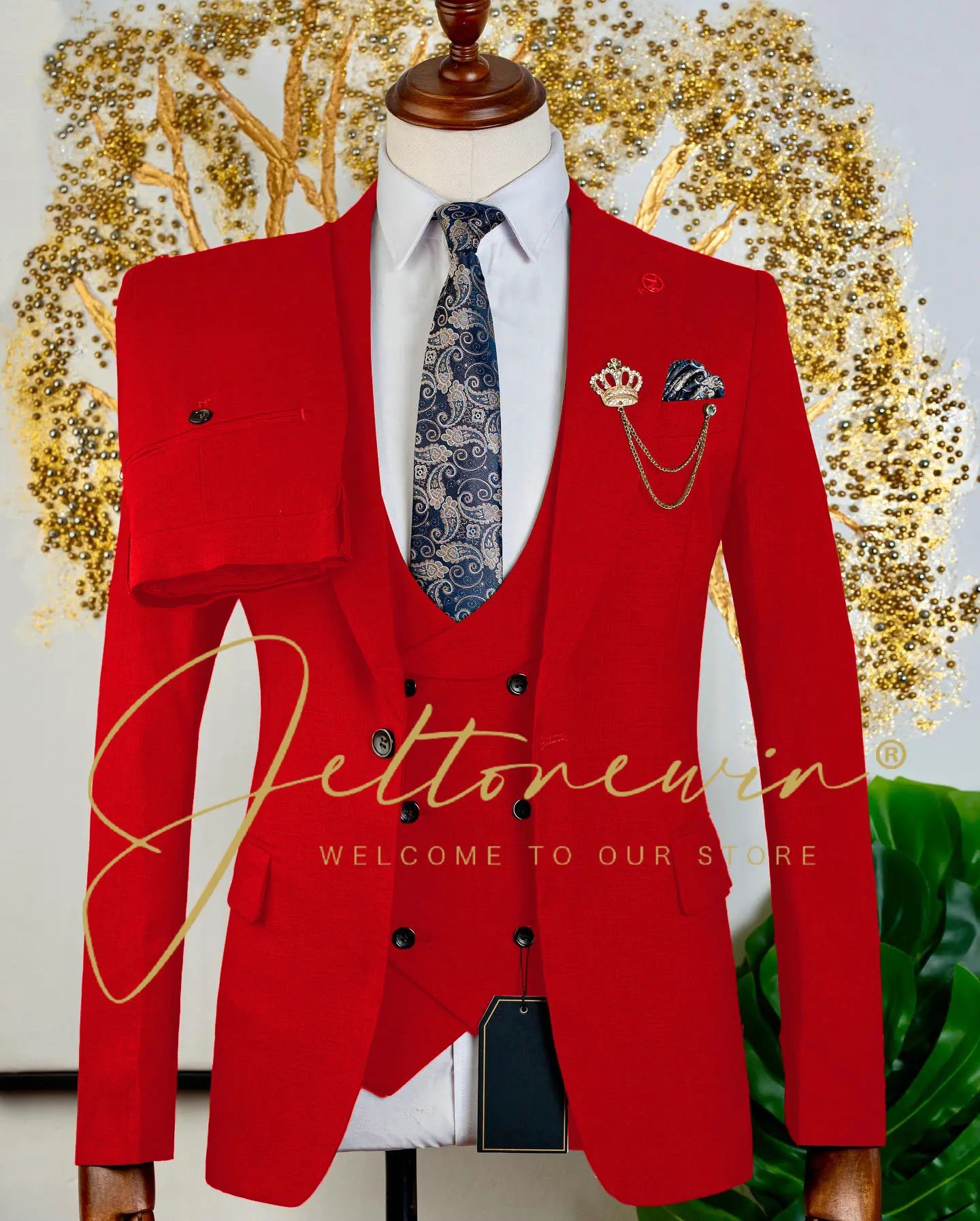 Men's Brown Three Piece Suit with Vest and Trousers Slim Fit Formal Wear for Wedding Groomsmen Party Business Occasion