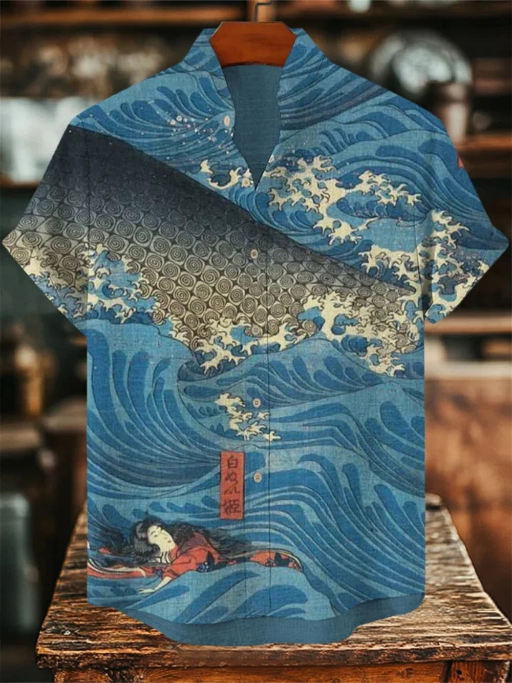 Men's Japanese Retro Art Print Short Sleeve Stand up Collar Linen Shirt Casual plus Size Fashion Fast Shipping