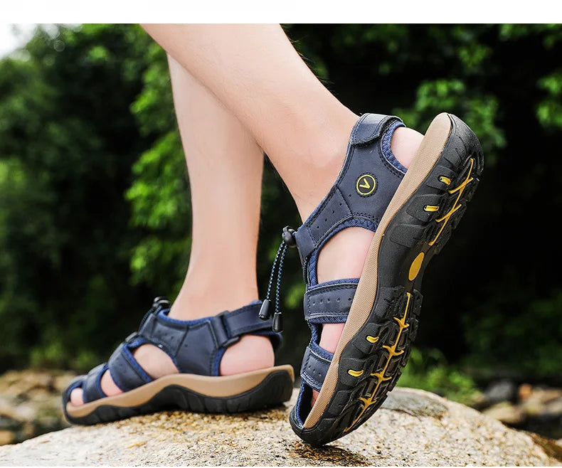 Summer Men Sandals Genuine Leather Mens Casual Shoes Outdoor Men Leather Sandals for Men Beach Shoes Roman Shoes Plus Size 38-48