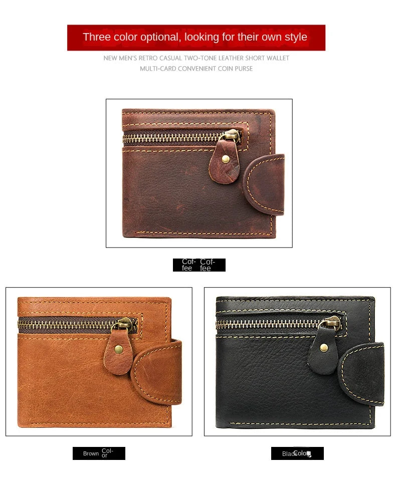 Men's Crazy Horse Leather Short Wallet Genuine Leather Buckle Wallet Vintage Top Layer Cowhide Card Holder Multi-Card  Wallet