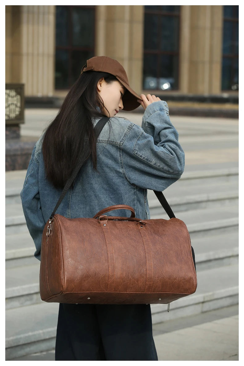 Soft Leather Travel Bag Large Capacity Fashion Weekend Bag Handle Bag Lightweight Sports Gym Bag With Separate Shoe Compartment