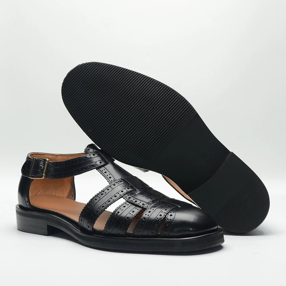 Luxury Designer Men's Summer Sandals Genuine Leather Brogue Carving Man Shoes Formal Events Social Buckle Strap Men Slippers