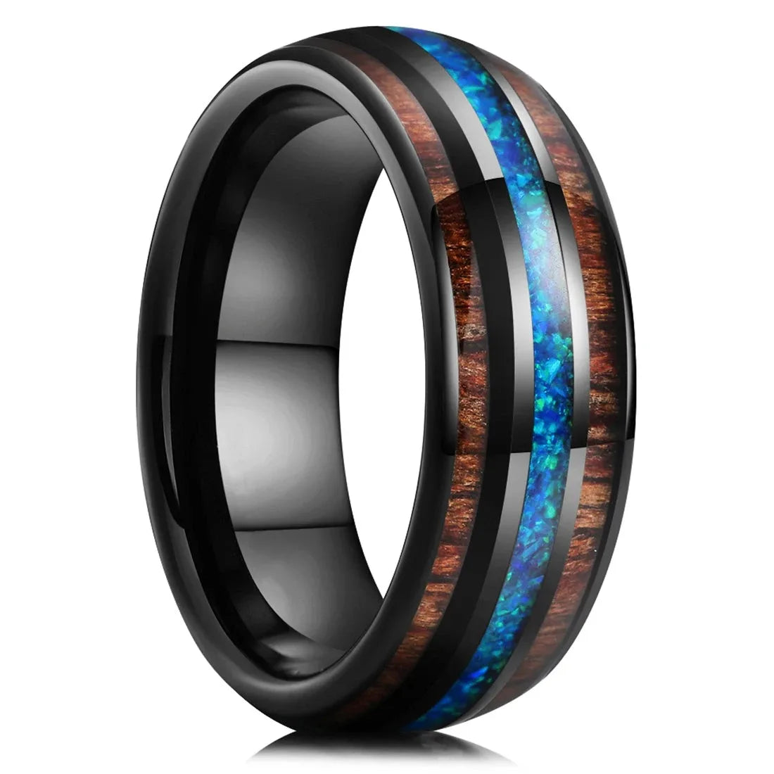 Fashion Deer Family Black Hunting Stainless Steel Rings for Men Women KOA Wood Inlay Beveled Polished Edge Wedding Bands Jewelry