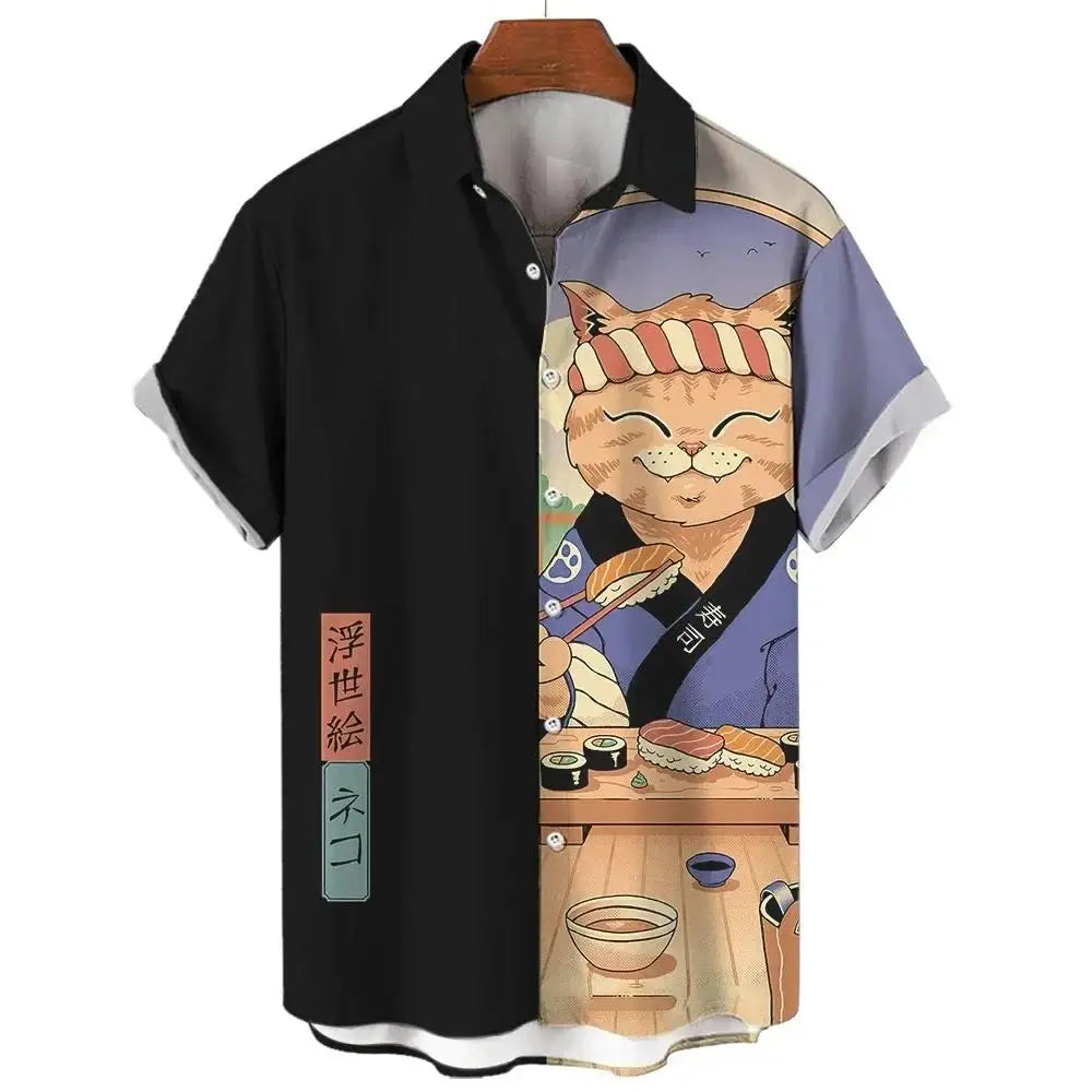 Fashion Men's Clothing Cool Samurai Cat Tops Summer New Men's Clothing Casual Short-Sleeved Anime Loose Blouse Hawaii Beaches