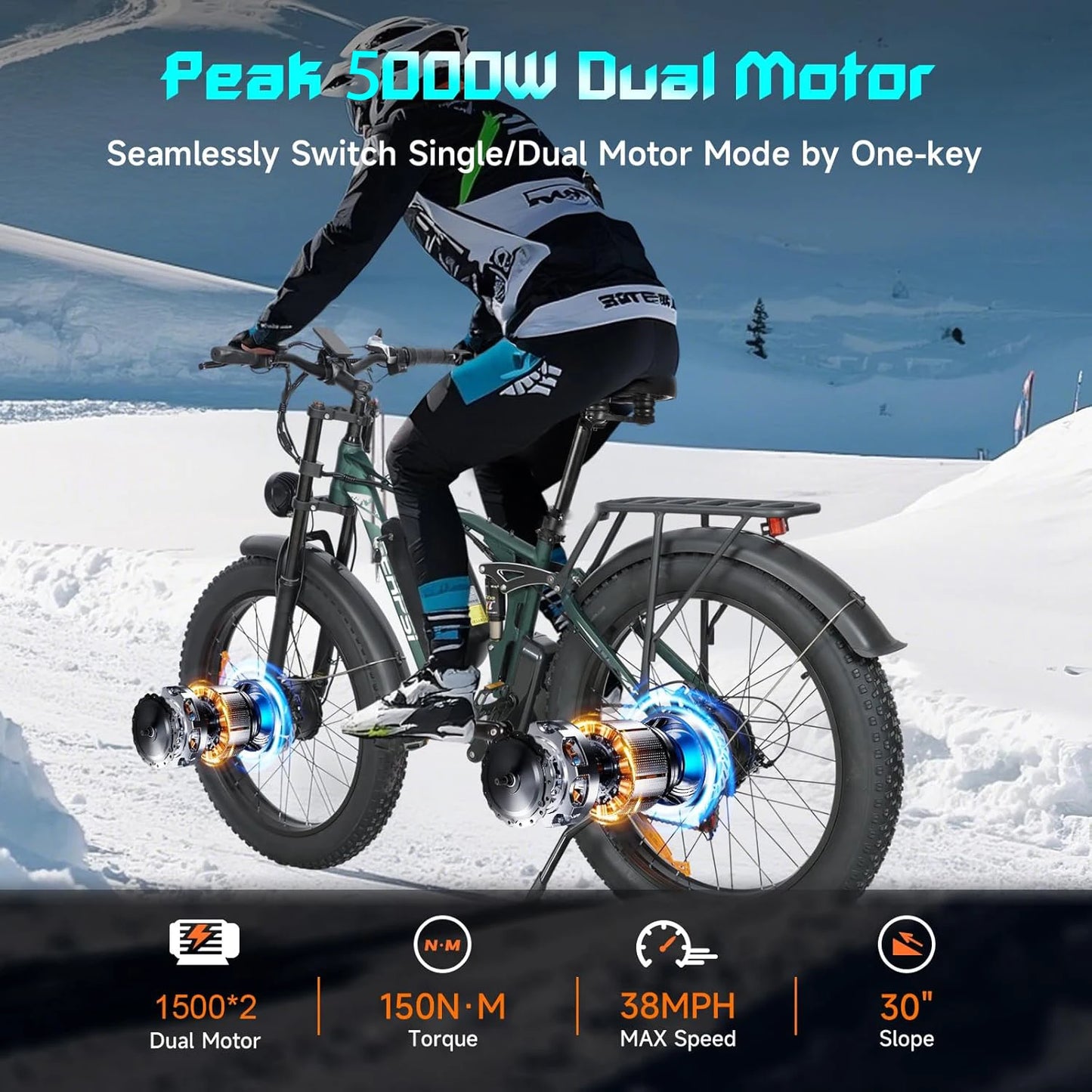 BAOLUJIE Peak 5000W Electric Bikes for Adults，Electric Dirt E Bike，26 Inch Fat Tire Dual Motor Ebike Mountain Electric Bicycle