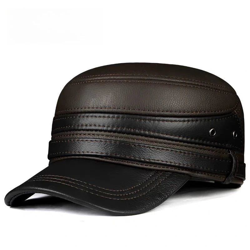 New 2024 Winter Men Genuine Leather Baseball Cap Earmuffs Flat Hat Male Keep Warm Leisure 57-60 cm Adjustable Gorro Cow Skin Cap
