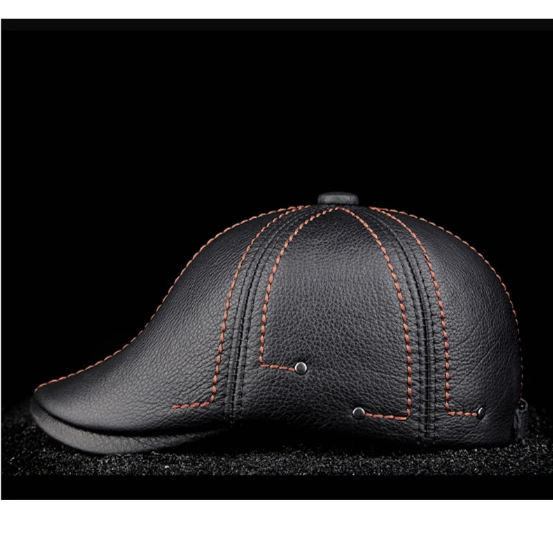 New Cowhide Genuine Leather Men Berets Cap Hat High Quality Fashion Men's Real Leather Adult Striped Black Hats
