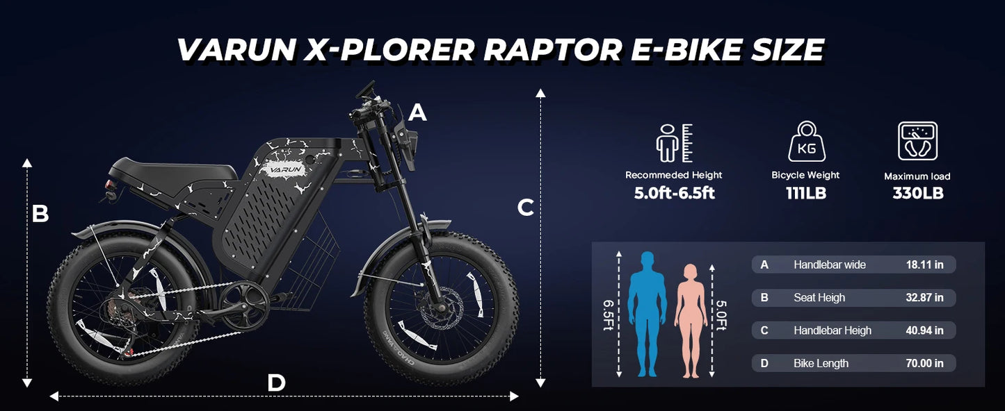 Varun X-Plorer Rapto Adult Dirt Electric Bike, 1000W Peak Power, 48V 20.8Ah, 20" Fat Tire, 28MPH, Ebike UL 2849, 1 Year Warranty