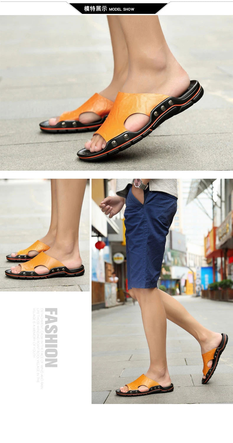 Summer Slippers New Men Sandals Soft Outdoor Slides High Quality Genuine Leather Comfortable Beach Sandals Outdoor Men Shoes