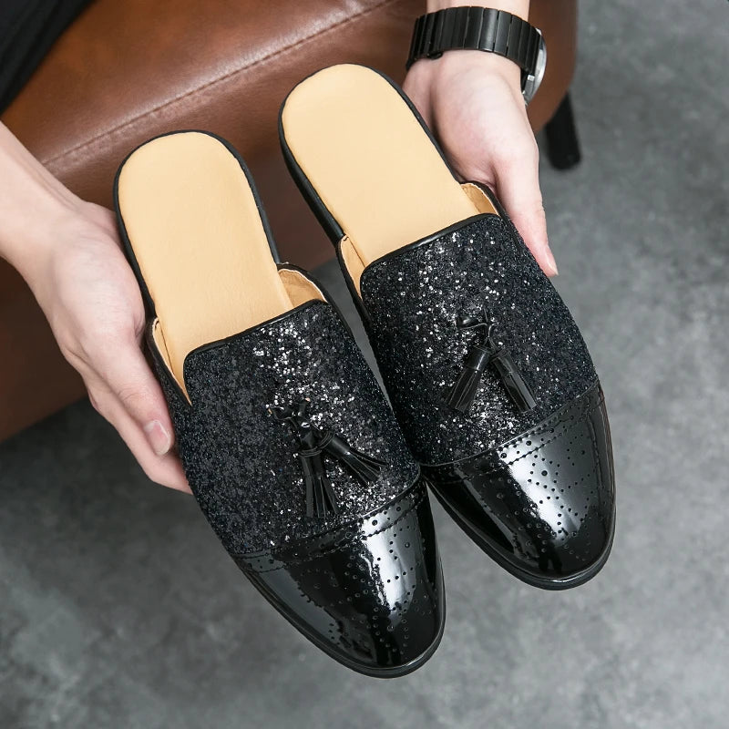 2024 New Luxury Designer Men's Casual Bling Leather Loafers Italian for Men Half Shoes Mules Male Black Slides Business Slippers