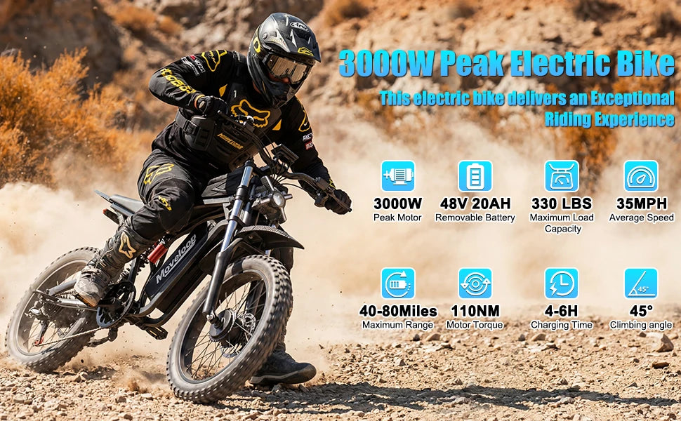 Moveloop T1 Ultra Electric Bike 3000W 48V/20AH Battery 40-80 Miles 35 MPH 17-Inch Off-Road Tires Adult Electric Bike