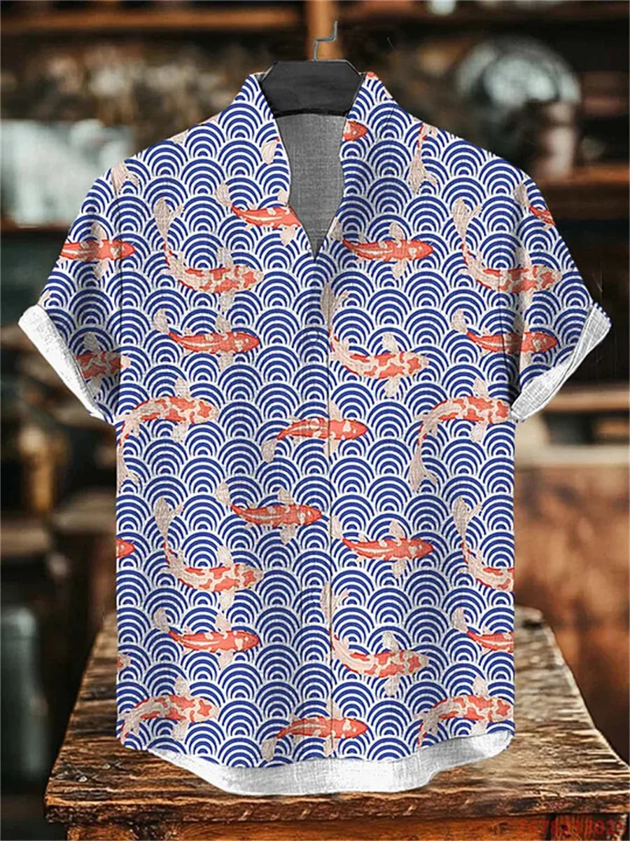 2026 New Japanese Style White Wolf Print Short-Sleeve Shirt for Men, Retro Trendy Anime Style Fashionable Cardigan Vacation Top