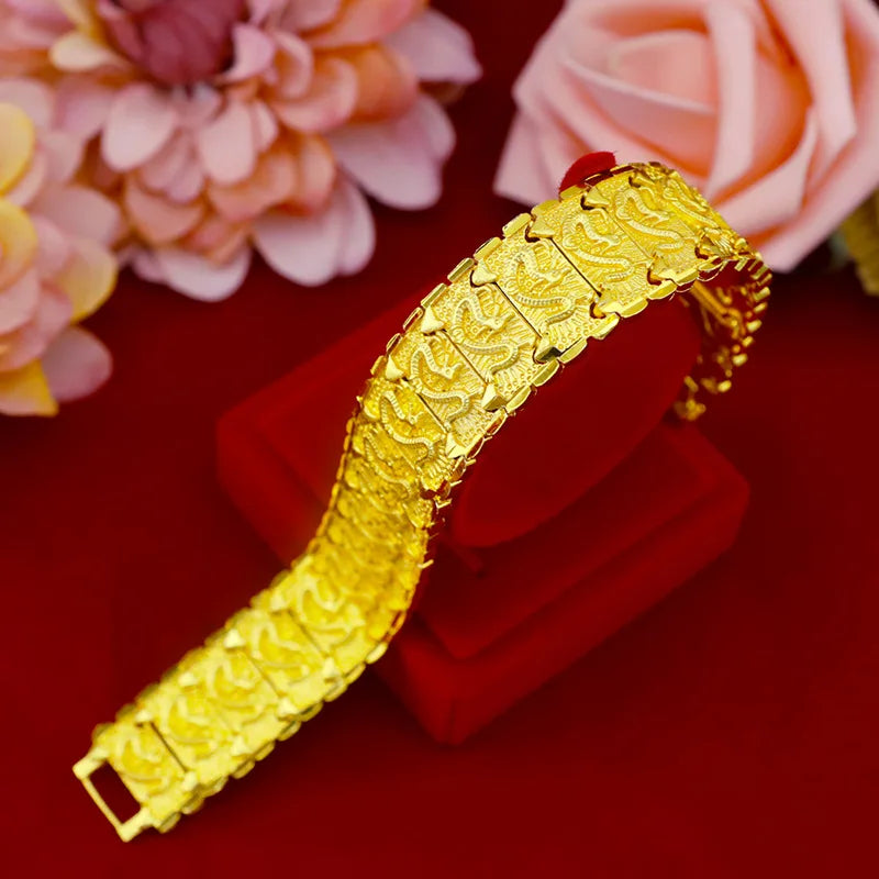 24k Yellow Gold Color Watch Bracelet for Men Dragon Pattern Male Gentleman Bracelet Hand Chain Wedding Engagement Jewelry Gifts