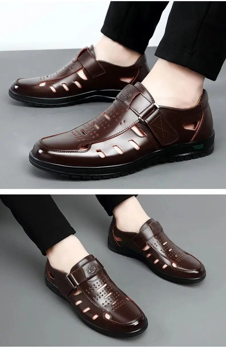Men Genuine Leather Sandals Summer Breathable Casual Shoes for Man Slip on Clogs Outdoor Non Slip Hand Made Sandalias