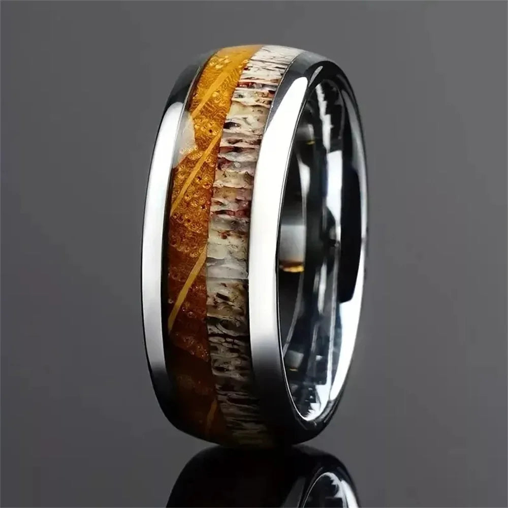 Fashion Deer Family Black Hunting Stainless Steel Rings for Men Women KOA Wood Inlay Beveled Polished Edge Wedding Bands Jewelry