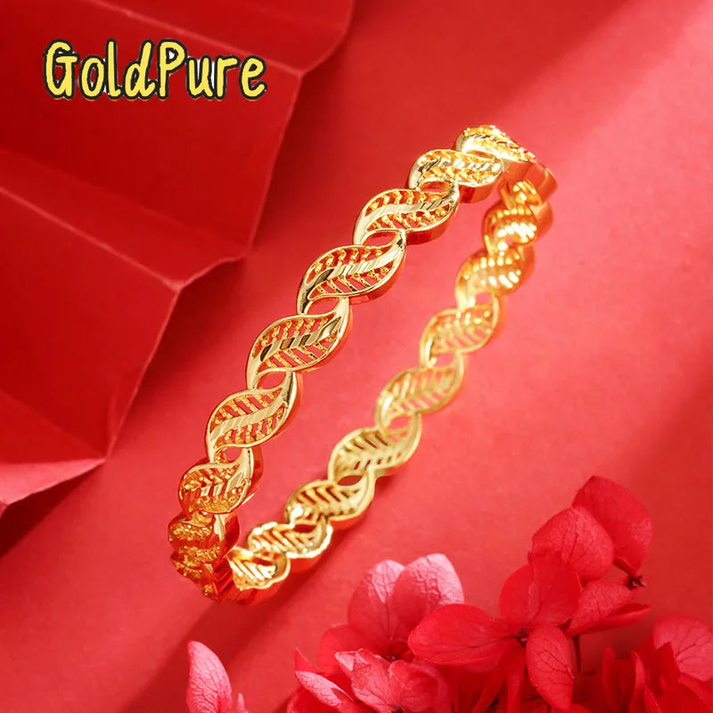 Goldpure Luxury 24K 9999 Pure Gold real gold Women's Leaf Bracelet Hollow Twist Buckle Bracelet