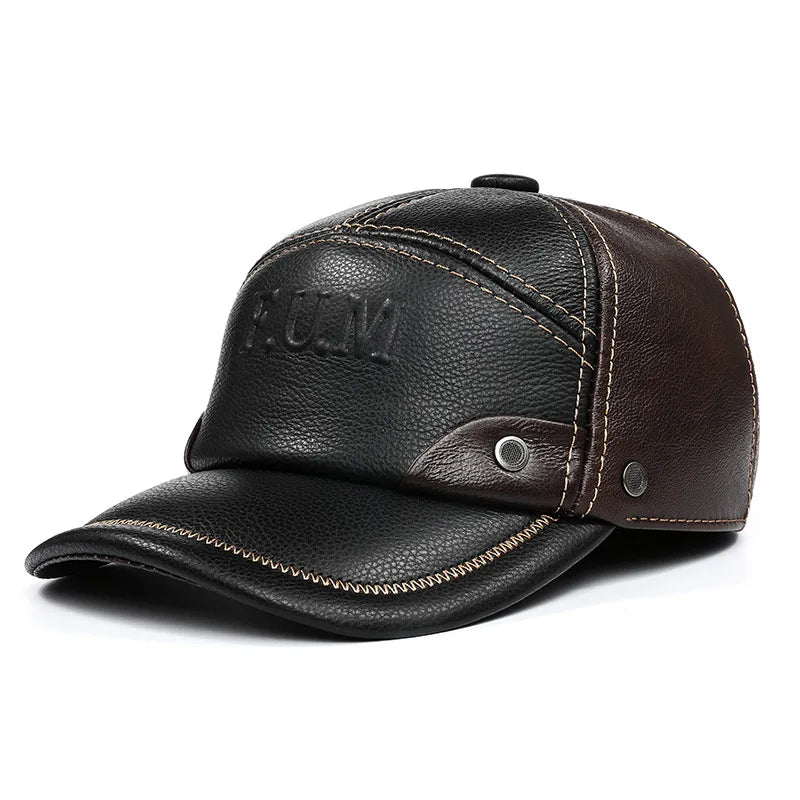 New Autumn Winter Men's Genuine Leather Cap Natural Cowhide Baseball Caps Thickened Warm Coldproof Ear Protection Earmuffs Hats