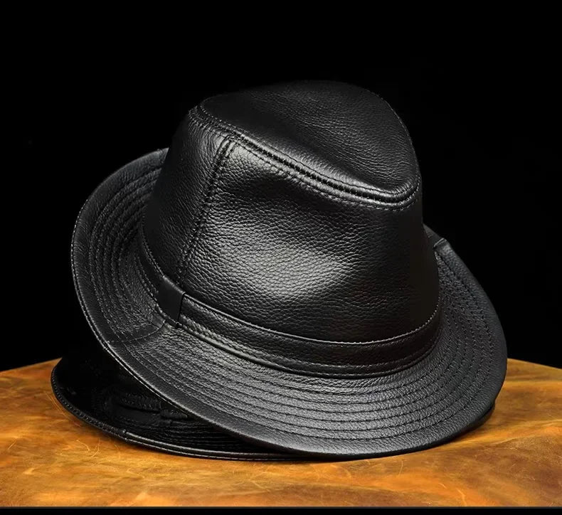 Retro Genuine Leather Cowhide Gentleman Fedoras Hat for Men Travel Warm Autumn Winter Top Hat