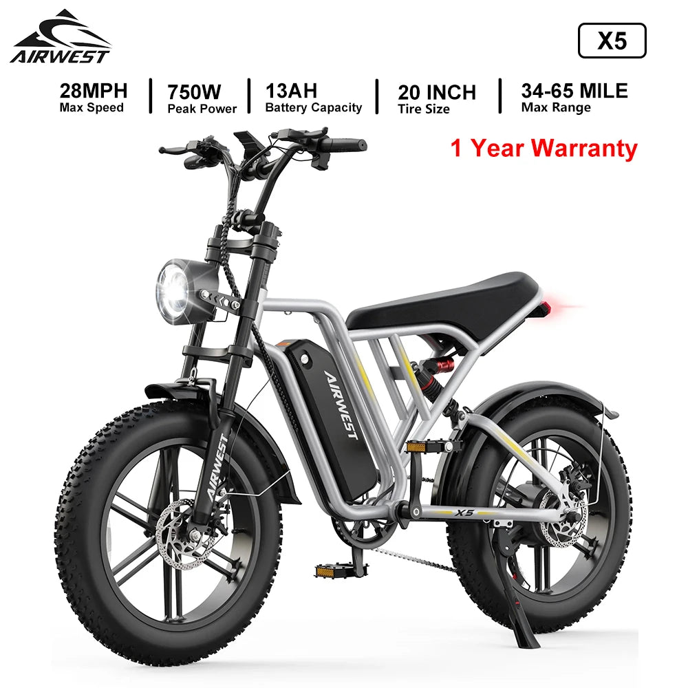Airwest X5 Adult Electric Bike, 750W Peak Power, 48V 13Ah Battery, 20“*4 Fat Tire Ebike, 28MPH, UL 2849, 1 Year Warranty