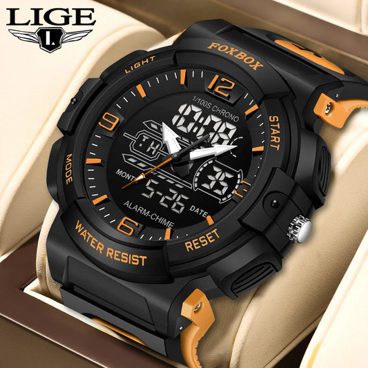 LIGE New Watches For Men 50M Waterproof Clock Alarm reloj hombre LCD Dual Display Wristwatch Quartz Military Sports Mens Watches